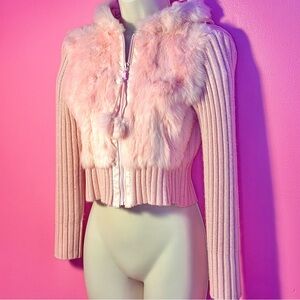 Chunky Knit Hoodie - Genuine Fur Trim Y2K Style - Size Girls 10/12